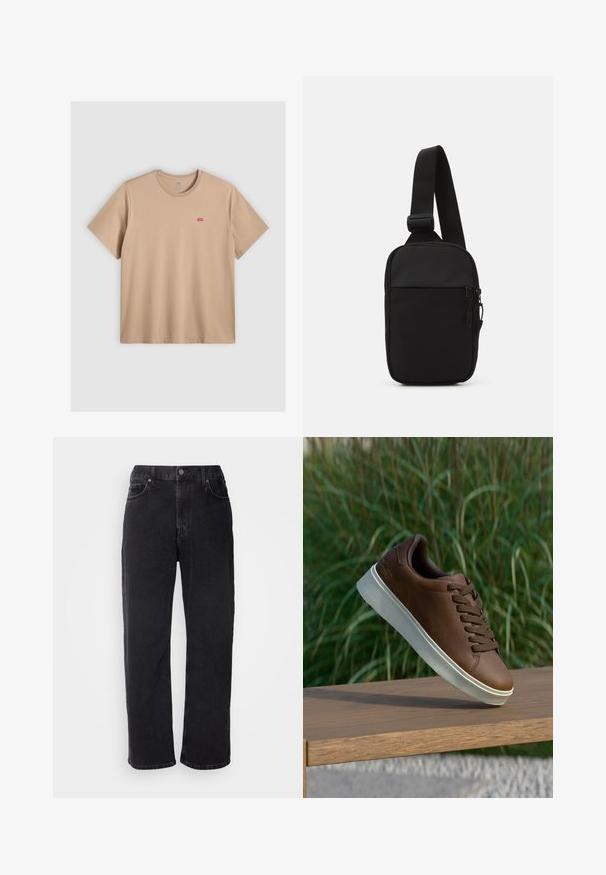 Smėlio spalvos medvilnė marškinėliai trumpomis rankovėmis ir apvalia iškirpte. Priekyje kairėje pusėje yra mažas raudonas Levi's logotipas. Lygi tekstūra.; Juodi džinsai su tiesia siluetu, penkiais kišenėmis ir kontrastingomis siūlėmis. Su sagčių uždarymu ir diržo kilpomis ant liemens.; Rudos odinės sportinės bateliai su balta guma padais, suapvalinta nosimi ir rudomis raišteliais. Tekstūruota atrama ant padais ir lygus paviršius viršuje.; Juodas per petį nešiojamas krepšys, pagamintas iš patvarios medžiagos, su vienu reguliuojamu diržu, užtrauktuku užsidarančia pagrindine kišene ir priekyje esančia kišene.