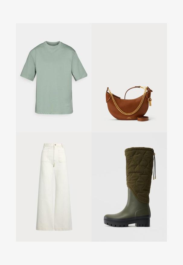 Világos zöld, rövid ujjú póló, puha anyagból készült, kerek nyakú és egy diszkrét logóval nyomtatva az elején. Alapvető, dobozos forma.; Széles szárú farmernadrág off-white denim anyagból. Magas derekú dizájn, gombos záródással, két elülső zsebbel és kontrasztos varrási részletekkel.; Térdig érő zöld vízálló csizma steppelt szövet felsőrésszel, fekete vastag talppal és állítható zsinórral a tetején.; Barna bőr kézi táska íves kialakítással, arany lánc pánttal, belső zsebbel és leválasztható vállpánttal. Kontrasztos varrás jellemzi.