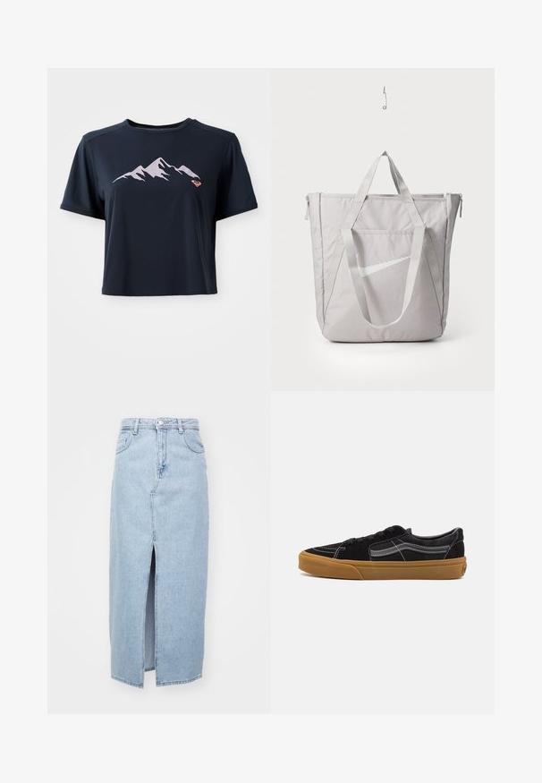Marineblå cropped t-shirt lavet af glat stof, med et lys rosa bjerggrafik og et lille orange logo nederst til venstre.; Lyseblå denimnederdel med foran split, bæltesløjfer og klassisk fem-lomme design. Glat tekstur med en ren finish.; Sorte ruskindssneakers med hvid syning og signatur sidelængde, med en tan gummisål og lavtopdesign. Snøret med sorte snørebånd.; Grå tote taske med forstærkede håndtag, frontlomme med lynlås og et hvidt Nike swoosh-logo. Fremstillet af slidstærkt stof med en glat tekstur.