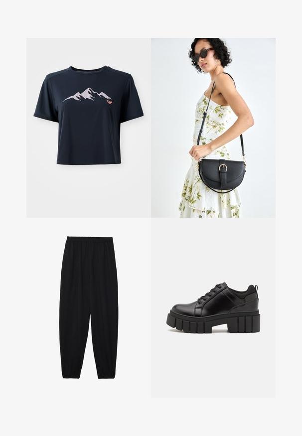 Tricou scurt, de culoare albastru marin, fabricat dintr-un material neted, având un grafic de munte în nuanță de roz deschis și un mic logo portocaliu în colțul din stânga jos.; Pantaloni negri, ușori, cu un brâu elastic și tivuri strânse. Materialul este neted și are un design relaxat, conic.; Pantofi cu talpă plată din piele neagră, cu toc gros, vârf rotund și design tradițional cu șireturi. Prezintă o textură netedă și detalii minime.; Geantă din piele neagră, cu o formă curbată, curea detașabilă și accesorii aurii. Geanta are un capac cu un detaliu tip cataramă.