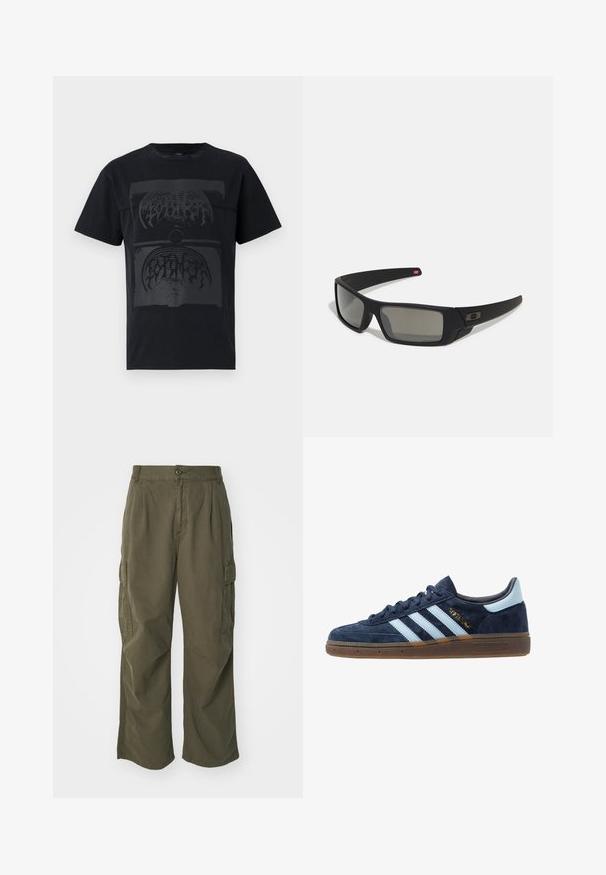 Must värvi puuvillane t-särk, millel on ees keskel suur tume graafiline kujundus, mis koosneb abstraktsetest kujunditest ja joonistest. Lühikesed varrukad ja ümar kaelus.; Olivi rohelised cargo püksid, valmistatud puuvillast, laia jala disainiga, voldikute ja küljetaskutega praktilisuse huvides.; Tumesinine sametist Adidas tennis, helesiniste triipudega, kummist tallaga, helesinise kandetabiga ja kuldse "Spezial" brändimisega küljel.; Mustad mustaga viimistlusega prillid, ristkülikukujulised läätsed, templite kerge kõverus, diskreetne logo detail ja suitsutatud läätsed.
