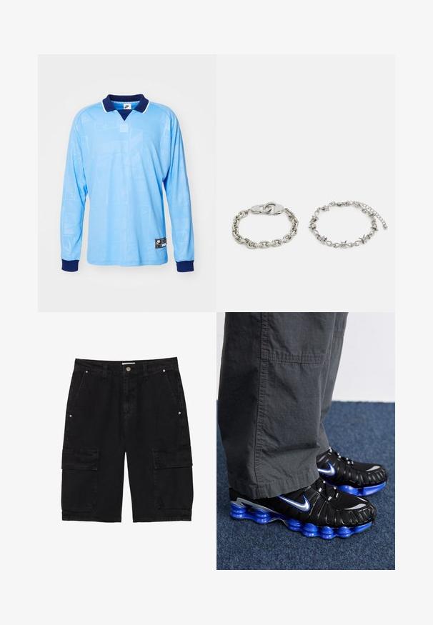 Lyseblå langermet polo skjorte med marineblå krage og mansjetter, med et subtilt mønster over hele plagget og Nike-merket på den nedre hemsen.; Sorte cargo shorts laget av denim, med to sidelommer og to klaff cargo lommer på bena, med knappelukking og beltehemper.; Svarte athletic sko med blå og sølv aksenter, med en teksturert overdel, dristig såledesign og snøringssystem. Plassert på et blått teppe.; Sølvkjedearmbånd med håndjernlås på venstre; høyre har en dekorativ kjede med aksenter. Begge har en polert overflate.