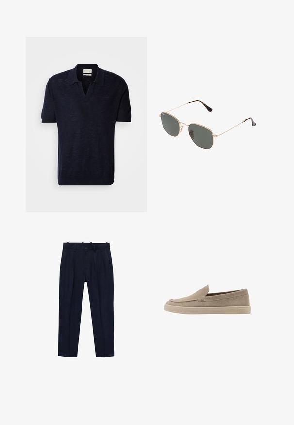 Tummansininen neulepolo, jossa on lyhyet hihat, V-kaula-aukko ja hienovarainen rakenne. Rinnassa on GANT-logon brodeeraus mletterisä sävyssä.; Navy-huoneet, jotka on valmistettu sileästä kankaasta, jossa on hieman muotoiltu istuvuus, etupuolella laskokset, vyölenkit ja yksi napin sulkeminen.; Beige mokkasiner i suedemateriale med rund tå, lavprofil design og teksturert overflate. Har subtile stikninger langs overdelen.; Kultaa metallikehyksiset aurinkolasit tummanvihreillä linsseillä, pilottilaatuinen tyyli, jossa on kapeat varret ja kilpikonnakuosiset korostukset päissä.