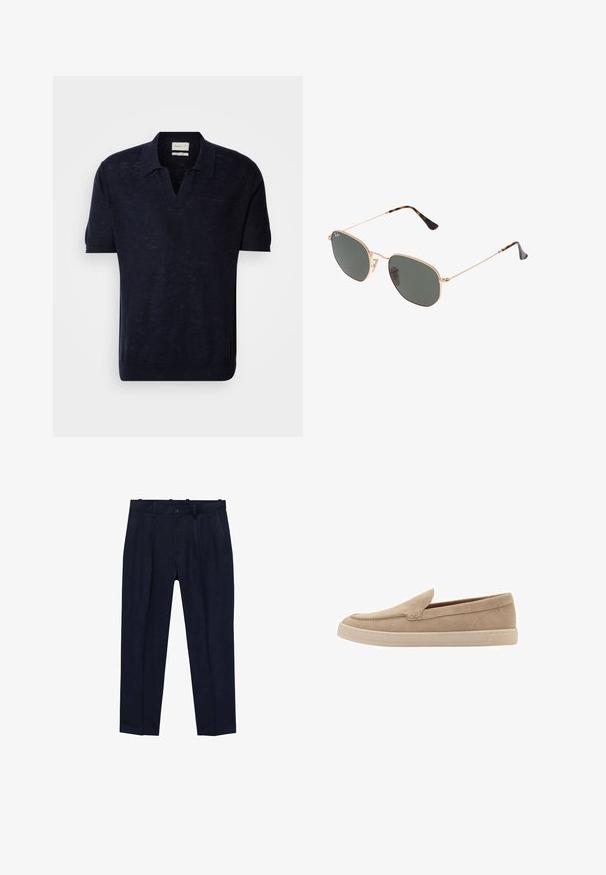 Tummansininen neulepolo, jossa on lyhyet hihat, V-kaula-aukko ja hienovarainen rakenne. Rinnassa on GANT-logon brodeeraus mletterisä sävyssä.; Navy-huoneet, jotka on valmistettu sileästä kankaasta, jossa on hieman muotoiltu istuvuus, etupuolella laskokset, vyölenkit ja yksi napin sulkeminen.; Beige mokkasins iho saumoilla ja pyöreällä kärjellä. Vaalean värinen kumipohja, jossa matala malli.; Kultaa metallikehyksiset aurinkolasit tummanvihreillä linsseillä, pilottilaatuinen tyyli, jossa on kapeat varret ja kilpikonnakuosiset korostukset päissä.