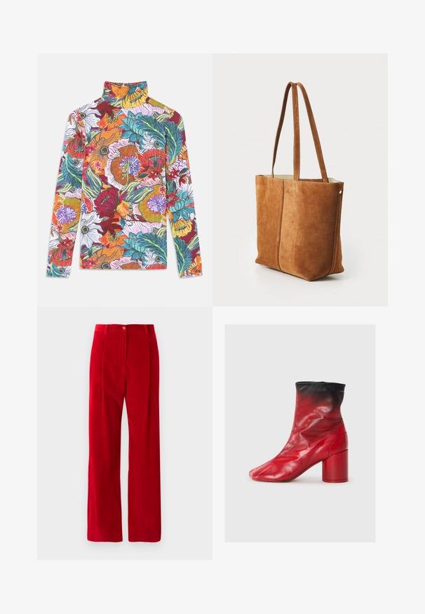 Long-sleeve, high-neck top featuring a vibrant floral pattern with multicolored blooms and green leaves on a white background.; Red corduroy pants with a straight leg cut, belt loops, front button, and zipper closure on a white background.; Red leather ankle boot with a textured finish, black cuff, and a chunky red heel. Features a unique pointed toe design.; Brown suede tote bag with two long handles, a smooth texture, and stitched detailing, featuring a simple, structured design.