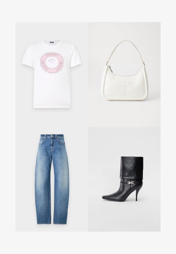 Bílý bavlněný tričko s kulatým růžovým motivem, na kterém je nápis "JOOP!" a květinový symbol, krátké rukávy a kulatý výstřih.; Světle modré džíny rovného střihu s vysokým pasem, klasickým pětikapsovým designem a mírným vyblednutím. Vyrobeny z denimu s hladkou texturou.; Černé kožené kotníkové boty s špičatou špičkou, vysokým stiletto podpatkem, ohrnovací manžetou a zlatým ozdobným přezkovým detailem na kotníku.; Bílá kožená kabelka s křivkovým tvarem, na přední straně s vyraženým logem "CK" a jediným ramenním popruhem. Zipový uzávěr na vrchu.