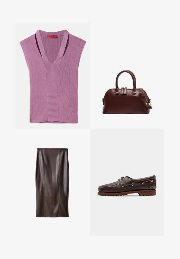 V-ringad ärmlös topp i ljuslila ribbstickad väv med en mittsöm, utrustad med en etikett vid halsringningen.; Brun läderpenkjol med en slät textur, knälång, med vertikala sömmar för design. Ingen ytterligare hårdvara eller detaljer.; Bruna lädersko med båtstil, guldögon, runda skosnören och en texturerad brun gummisula. Har sydda detaljer och en upphöjd logotyp.; Burgundy läderhandväska med dubbla topphandtag, avtagbar axelrem, detaljer i guld och en rundad form. Dragkedjestängning.