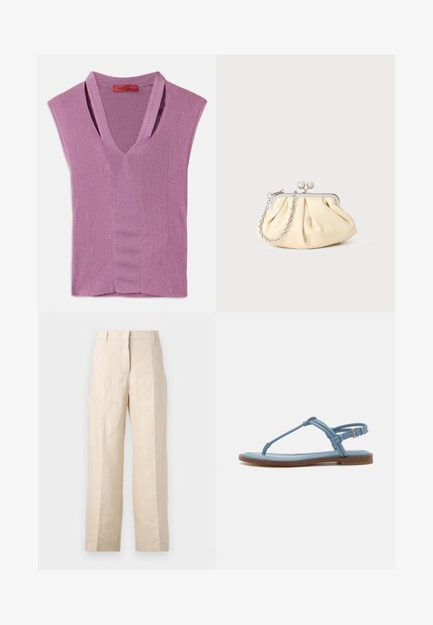 Top fără mâneci, cu decolteu în V, din tricot ribat în culoare mov deschis, având un detaliu cu cusătură pe centrul materialului, dotat cu un etichetă la gât.; Pantaloni din in bej cu croială lejeră, cu față pliată și picioare drepte. Prezintă un brâu cu bucle pentru curea și fără buzunare vizibile.; Sandalie de lemn cu brâu subțire de piele albastră, cu talpă plată, prezentând un design elegant și un sistem de prindere cu cataramă la gleznă pentru o ajustare sigură.; Clutch din piele plisată bej, cu un cadru din metal argintiu, având două închideri decorative rotunde și o curea din lanț argintiu.