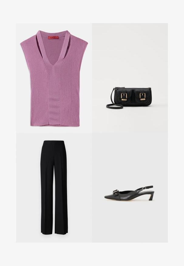 Gaišpurgainā ribota adījuma bez piedurknēm blūze ar V-veida kakla izgriezumu un centrālo šuvju detaļu, ar etiķeti uz kakla izgriezuma.; Melni platleği bikses ar gludu tekstūru, ar augstu jostasvietu un centrālajām krokām. Nav redzamu rakstu vai aparatūras detaļu.; Melnas ādas siksnu kurpes ar smailu pirkstu, nelielu papēdi un dekoratīvu sprādzi augšdaļā. Gluda tekstūra, minimālistisks dizains.; Melnas ādas crossbody soma ar divām priekšējām kabatām, zelta sprādzēm, ar rāvējslēdzēju aizdari un šauru siksnu. Strukturēta virsma un kompakta taisnstūra forma.