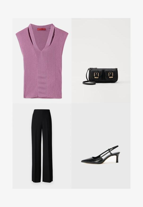 V-kauluksellinen ilman hihoja oleva paita vaaleanliilasta ribbikuidusta, keskisaumalla varustettuna ja kauluksessa oleva kaulustunnus.; Mustat leveälahkeiset housut, joissa on sileä pinta, korkea vyötärö ja keskiset laskokset. Ei näkyviä kuvioita tai metalliosia.; Musta patent slingback-kiilakorko teräväkärkisellä muotoilulla, jossa on teksturoitu käärmeennahkakuosi, säädettävä remmi ja lyhyt, teksturoitu blokkiheel.; Musta nahkainen olkalaukku, jossa on kaksi etutaskua, kultaiset soljet, vetoketjukiinnitys ja kapea hihna. Teksturoidun pinnan ja kompaktin suorakaiteen muoto.
