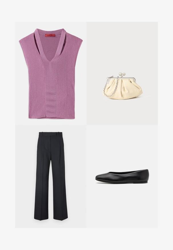 Top bez rukava s V-izrezom u svijetloplavoj rebrastoj pletenini s detaljem središnjeg šava, s oznakom na izrezu.; Tamno plave prugaste hlače visokog struka, širokih nogavica, bez vidljive opreme ili ukrasa. Glatka tekstura i kroj prilagođen tijelu.; Paul Smith TOPANGA - Balerinke - black; Nabrana bež kožna torbica s srebrnim metalnim okvirom, koja sadrži dva okrugla dekorativna kopčanja i srebrnu lančanu naramenicu.