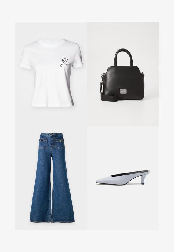 Bela bomba majica s kratkimi rokavi, s krožnim izrezom in črnim kurivim logotipom na levi prsni strani. Ravna spodnja obroba.; Široke jeans hlače v temno modri barvi, z visokim pasom, dvema zadnjima žepoma z zlatim okovjem in neobdelanim robom na nogah.; Svetlo modre lakirane mule s poudarjenim nosom, nizkim prozornim petam in elegantnim dizajnom z izrezom na sprednjem delu.; Črna sintetična torbica z zgornjimi ročaji, snemljivim ramenskim trakom, zaobljeno obliko, gladko teksturo in srebrnim logotipom na sprednji strani.