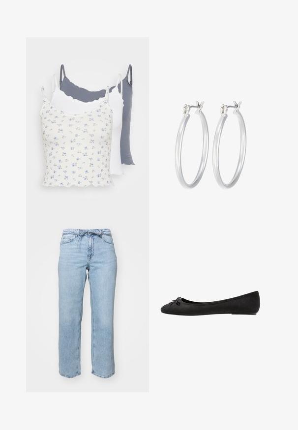 Three camisoles: white with blue floral pattern, solid white, and solid dark gray. Features thin straps and a scalloped hem.; Light blue denim jeans with a relaxed straight-leg cut, five pockets, and a waistband with belt loops. Distressed finish with subtle fading.; Black suede ballet flats with a rounded toe, featuring a decorative bow on the front and a flat sole design. Smooth texture and classic shape.; Silver hoop earrings with a smooth, polished finish. Round shape and secure click-top closure. Lightweight design suitable for everyday wear.