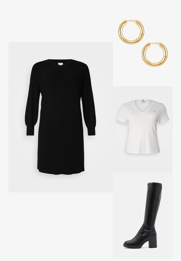 Tommy Hilfiger Curve SLIM CODY - Základné tričko - ecru; Čierne pletené šaty s výstrihom do V, dlhými balónovými rukávmi a rebrovanými manžetami. Jednoduchý dizajn s rovným strihom, dĺžka po kolená.; Čierne čižmy po kolená vyrobené z hladkej kože s masívnym podpätkom a zaoblenou špičkou. Majú bezšvový dizajn a jemné prešívanie.; Zlaté kruhové náušnice so zdvojeným dizajnom. Hladký, lesklý povrch s bezproblémovým uzatváracím mechanizmom. Okrúhly tvar s moderným vzhľadom.