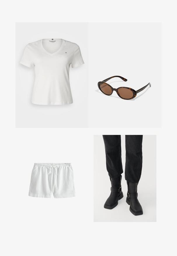 Tommy Hilfiger Curve SLIM CODY - T-shirt basic - ecru; Next REGULAR FIT - Shorts - white; Stivali alla caviglia in pelle nera con punta quadrata, caratterizzati da una larga fascia e un dettaglio con fibbia metallica. Gli stivali hanno una suola spessa e una texture liscia.; Dolce&Gabbana DNA - Occhiali da sole - havana; Borsa hobo in pelle marrone con una tracolla curva, texture morbida e una tasca laterale con zip per una funzionalità aggiuntiva.