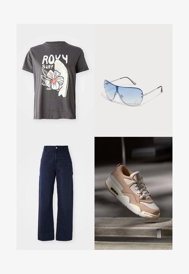 Graues Baumwoll-T-Shirt mit einem weißen Grafikdesign eines Fisches und einer Hibiskusblüte mit roten Details, kurzen Ärmeln und Rundhalsausschnitt.; Marineblaue, weite Cargo-Hosen aus robustem Baumwollstoff, mit Seitentaschen und einem Knopfverschluss an der Taille.; Beige und weiße Sneaker mit einer glatten Leder- und Wildlederoberfläche, ausgestattet mit einer gepolsterten Zunge, einer Schnürung und einer sichtbaren Luftpolsterung.; Flugzeugbrille mit einem verlaufenden blauen Glase, silbernem Metallrahmen und dekorativen Sternelementen auf dem Glas. Glattes und elegantes Design.