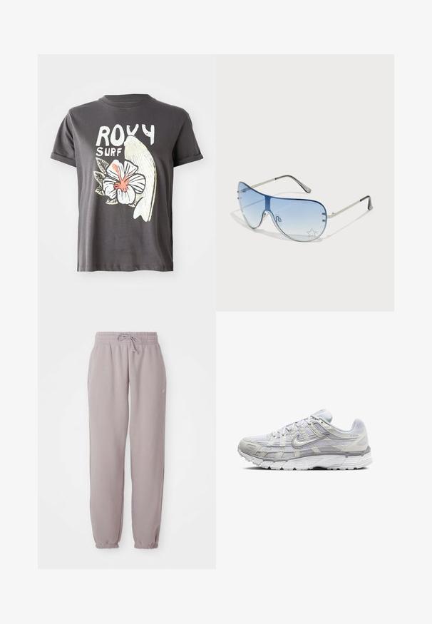 Graues Baumwoll-T-Shirt mit einem weißen Grafikdesign eines Fisches und einer Hibiskusblüte mit roten Details, kurzen Ärmeln und Rundhalsausschnitt.; Helle mauve Fleece-Sweatpants mit elastischem Bund, Kordelzug, seitlichen Taschen und elastischen Bündchen, flach auf einem weißen Hintergrund präsentiert.; Helle graue Sportschuhe mit einem Obermaterial aus Mesh und Synthetik, ausgestattet mit Schnürverschluss, gepolsterter Zunge und strukturiertem Sohlen für besseren Grip.; Flugzeugbrille mit einem verlaufenden blauen Glase, silbernem Metallrahmen und dekorativen Sternelementen auf dem Glas. Glattes und elegantes Design.