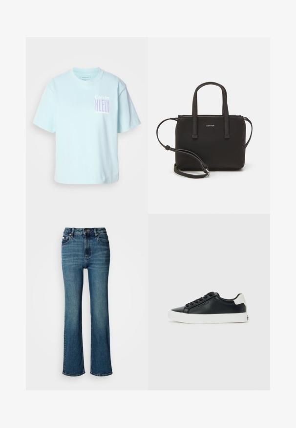 Ljusblå bomullströja med rund hals och korta ärmar. Har en grafisk design med "Calvin Klein" i lila på framsidan.; Högmidjade blå jeans i denim, med raka ben, subtil blekning och standardknapp- samt dragkedjestängning.; Svarta låga sneakers med vit sula och hälflik, svarta snörningar och diskret Calvin Klein-logotyp på sidan, uppvisad mot en enkel bakgrund.; Svart handväska med dubbla korta handtag och ett avtagbart axelband. Slät läderliknande material med dragkedjestängning och logodetalj.