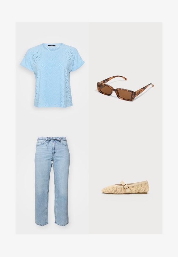 Svjetloplava majica kratkih rukava koja se odlikuje teksturiranim materijalom s dijamantnim i kružnim izrezima, što stvara prozračan dizajn.; Svijetloplave traperice s opuštenim ravnim krojem, pet džepova i pojasom s petljama za remen. Oštećeni izgled s blagim izblijedjenjem.; Bež vzorčaste balerinke s koničastim nosom, ki imajo dekorativno zaponko in nizko profilno zasnovo. Mehka tekstura s preprostim dizajnom.; Želve sunčane naočale s pravokutnim smešnim lećama, debelim okvirom i tankim ručkama s uzorkom različitih nijansi smeđe boje.; Rumena nabirana torbica iz gladke umetne kože, ki ima mehko obliko, en ramenski trak in nabran vrhnji del.