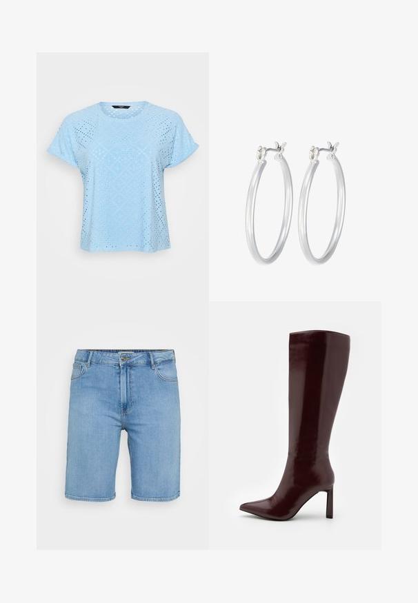 Helles blauer Kurzarmoberteil aus strukturiertem Stoff mit rauten- und kreisförmigen Ausschnitten, die ein atmungsaktives Design schaffen.; Helles blaues Denim-Shorts mit klassischem Schnitt, ausgestattet mit einem vorderen Knopfverschluss, Gürtelschlaufen und zwei Seitentaschen. Glatte Textur und gerader Saum.; Even&Odd Stiefel - dark red; Silberne Creolen mit einer glatten, polierten Oberfläche. Runder Form und sicherem Klickverschluss. Leichtes Design, geeignet für den täglichen Gebrauch.