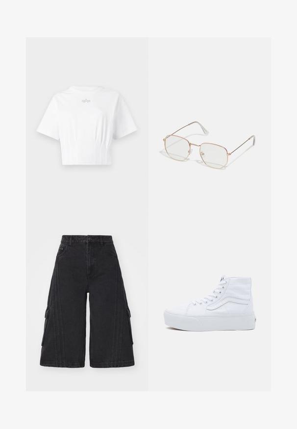 Biely krátky tričko z jemného materiálu, s krátkymi rukávmi, klasickým výstrihom a subtilným strieborným logom na hrudi.; adidas Originals CAPRI - Denimové šortky - black; Biele vysoké plátenné tenisky s gumovou podrážkou, šnurovaním vpredu a polstrovaným golierom. Funkcie klasického dizajnu s prešitými detailmi.; Hranaté dioptrické okuliare s tenkým rámom z ružovo-zlatého kovu. Priehľadné šošovky, transparentné koncovky straníc a jemné detaily okolo šošoviek.