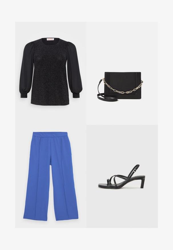 Musta paita, jossa on kiiltävä tekstuuri vartalon kohdalla, pyöreä kaula-aukko ja pitkät puff sleeves ja tiukat hihansuut.; Kalam kaki lebar yang terbuat dari bahan lembut dan elastis berwarna biru cerah. Memiliki pinggang datar dan dua lipatan depan untuk detail desain tambahan.; Mustat hihnalligat, joissa on neliön muotoinen kärki ja matala lohkokorko. Ominaisuuksiin kuuluu useita ohuita hihnoja ja säädettävä nilkkahihna. Valmistettu sileästä nahasta.; Musta nahkainen olkalaukku, jossa on sileä pinta, suorakulmainen muoto ja metalliketju yksityiskohtana edessä. Mukana säädettävä hihna.