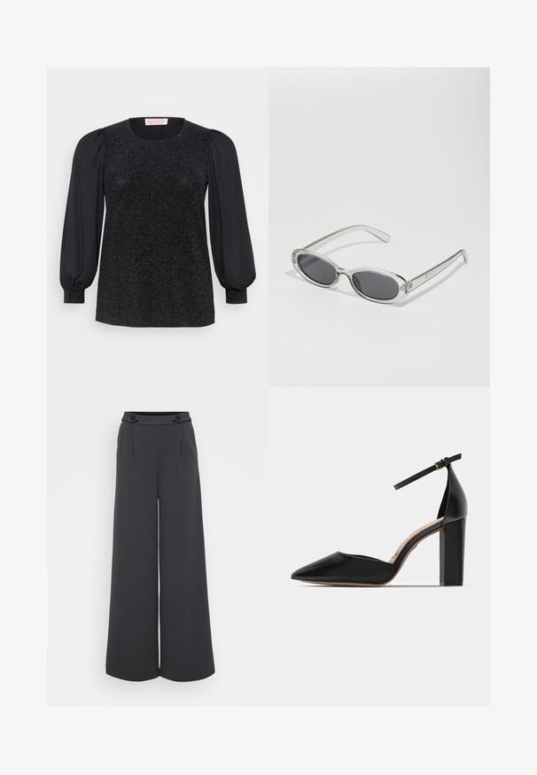 Svart topp med en blank teksturert bodice, rund hals og lange puffermer med tettsittende mansjetter.; Vide benbukser i mørkegrått stoff. Har legg foran og to dekorative knapper på livet. Glatt tekstur og skreddersydd form.; Sorte lærhæl med ankelrem, spidse tæer og firkantet klodshæl. Glat tekstur med et minimalistisk design.; Solbriller med oval form, klar plastramme, mørkegrå linser og tynne gjennomsiktige armer med logopunksjoner og minimal detaljering.