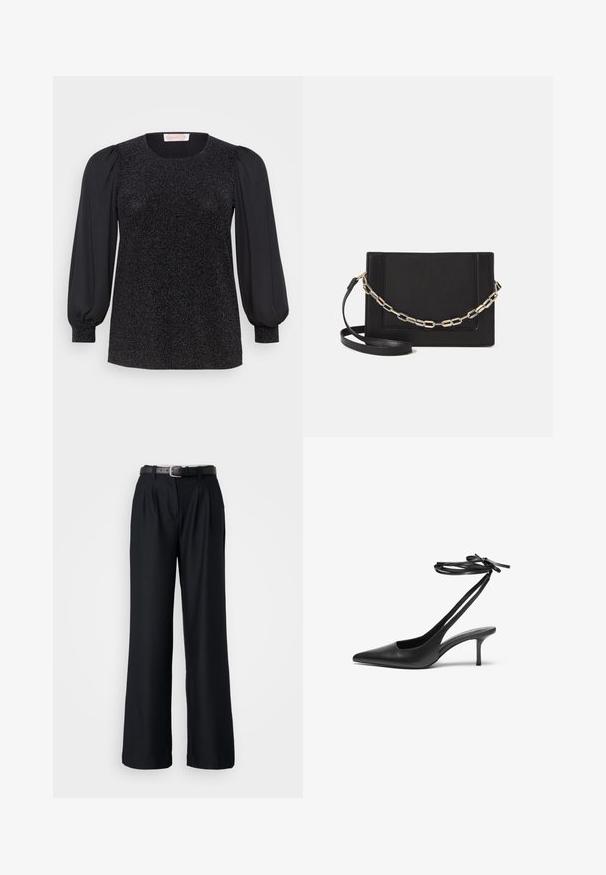 Juodas viršus su blizgiu tekstūruotu liemeniu, apvaliu iškirpimu ir ilgomis puffed rankovėmis su prisitaikančiomis rankogaliais.; Juodos plačių kojų kelnės, pagamintos iš sklandžios medžiagos, su priekinių raukšlių detalėmis ir atitinkamu juodu diržu su sidabriniu užsegimu.; Juodas odinis stiletto batelis su smailiu nosiu, atvira nugara ir užrištomis kulkšnies juostelėmis. Plonas 3 colių kulnas. Lygi tekstūra, minimalistinis dizainas.; Juodas odinis per petį nešiojamas krepšys turi lygų paviršių, stačiakampio formą ir metalinę grandinėlę priekyje. Pridedama reguliuojama dirželis.