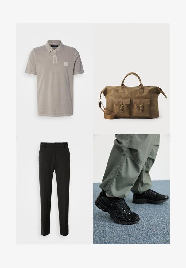 Szürke pamut poloing, gallérral, kétgombos gombolással és kis hímzett logóval a mellkason. Rövid ujjak és tiszta szegés.; Fekete nadrág sima szövetből, egyenes lábakkal, gombos záródással és klasszikus designnal, amely alkalmas formális vagy hétköznapi viseletre.; Fekete sportcipők fényes és hálós textúrával, vastag talppal és fűzővel, laza olívazöld cargo nadrággal párosítva.; Barna bőr utazótáska, két elülső zsebbe, állítható vállpánttal, arany színű részletekkel és masszív felső fogantyúkkal. Sima felület.; Hét ezüst gyűrűből álló szett, különböző formákkal és szélességekkel, köztük csavart, összekapcsolt és gravírozott mintákkal.