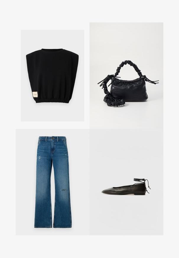 Črna kratka majica s kratkimi rokavi, sproščenega kroja, z elastiko na robu in oznako na levi strani. Narejena iz mehke, udobne tkanine.; Modri jeans širokih nogavice z zbledelim vzorcem, ki imata na sprednji strani dve poškodovani mesti, gumbasto zapiranje in pet žepov.; Črne usnjene baletne čevlje s koničastim nosom, vezi okrog gležnja in ravnim podplatom, ki se ponašajo z gladko teksturo in minimalističnim dizajnom.; Črna torbica iz umetnega usnja s krokodilovo teksturo, z zvitim vrhom in zmečkano naramico. Zdi se mehka in kompaktna v oblikovanju.
