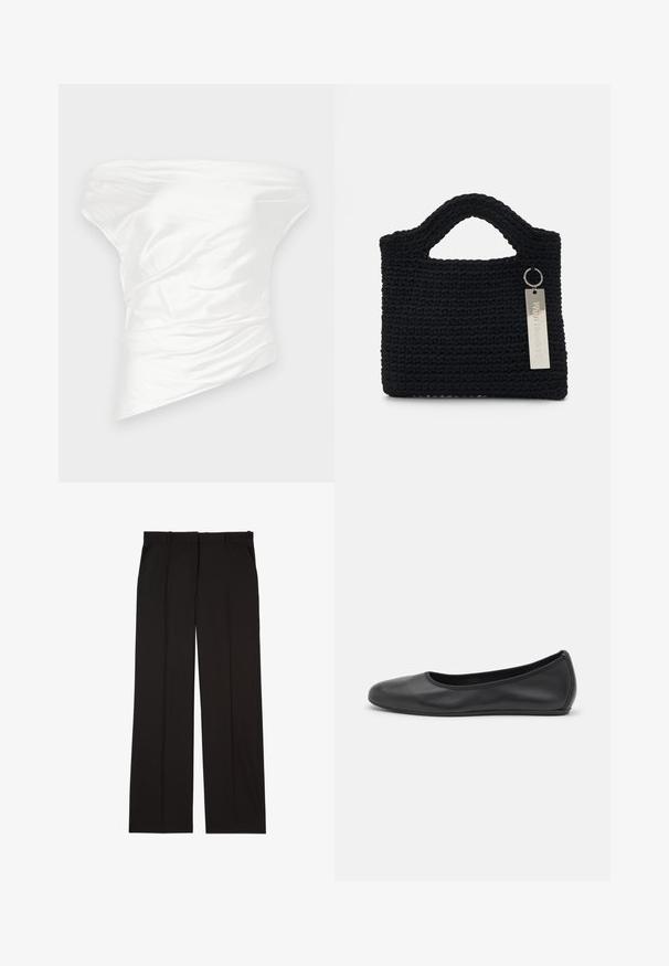 Top bianco senza spalle realizzato in morbido satin, caratterizzato da un design drappeggiato e strutturato con un orlo asimmetrico.; Pantaloni neri su misura realizzati in un tessuto liscio, con un design a gamba dritta e due tasche laterali. Costruzione elegante e minimalista.; Pantofole da balletto nere in pelle con punta arrotondata, texture liscia, dettagli di cucitura minimi e design con suola flessibile.; Won Hundred MARSIELLE COMPUTER BAG UNISEX - Borsa porta PC - black