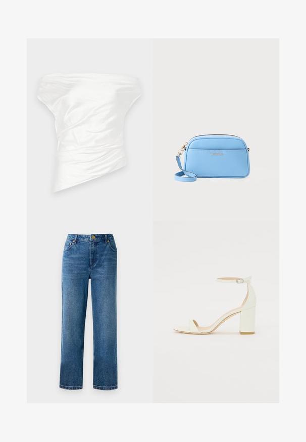 Top bianco senza spalle realizzato in morbido satin, caratterizzato da un design drappeggiato e strutturato con un orlo asimmetrico.; Jeans blu a vita alta con gamba dritta, realizzati in denim, dotati di cinque tasche e dettagli in metallo dorato.; Sandal con tacco cubano bianco in pelle, caratterizzata da una cinghia alla caviglia con fibbia e design minimalista. Punta aperta e texture liscia in tutto il sandalo.; Borsa a tracolla in pelle azzurro chiaro con dettagli in metallo oro, chiusura con zip e tasca frontale. Presenta un tracolla regolabile per maggiore comodità.