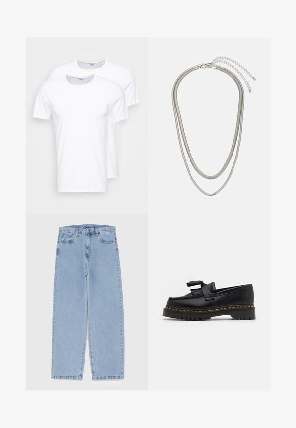 Hvide bomulds t-shirts i en pakke med to. Rund halsudskæring, korte ærmer og en glat tekstur. Ingen mønstre eller grafik.; Lyseblå denimjeans med straight leg-design, der har en mid-rise talje, fem lommer og en lukning med knap og lynlås.; Sort læderloafer med en frynsedetalje, der har en kraftig sort sål og gul syninger langs kanten. Teksturert overflade.; Tre-lags sølvmetal halskæde med slanke, flexible kæder med en let glans, sikret med en hummerlås og justerbar kæde.