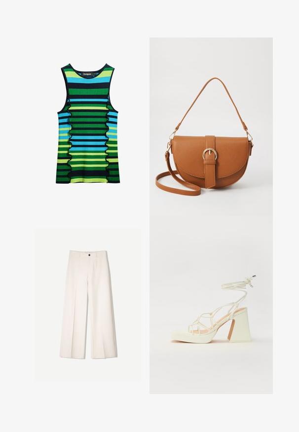 Ærmeløs top med horisontale striber i grøn, blå og marineblå samt en bølget kantdetalje. Fremstillet af et blødt, strækbart stof.; Cremefarvede bukser med bred benvidde og skræddersyet design, der har to forlommer og en enkelt frontknaplukning, lavet af et glat stof.; Hvide højhælede sandaler med en kraftig hæl, der har et stropdesign og ankelbinding. Glat tekstur med en platform foran for ekstra højde.; Brun læder crossbody taske med en buet form, guldfarvet hardware og en spændeaccent. Har en aftagelig skulderrem.