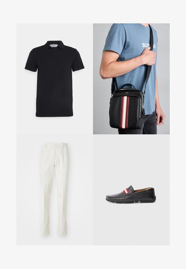 Črna kratkosleeve polo majica s klasičnim ovratnikom, izdelana iz gladkega materiala. Na vratu ima oznako z imenom blagovne znamke 'Filippa K'.; Bele hlače iz bombaža, s krojem ravnih nogavic, ravnim sprednjim delom in brez vidnih vzorcev ali kovinskih delov. Gladka tekstura.; Črne usnjene natikače s teksturirano površino, rdeče in bele proge na zgornjem delu, zaobljen toe in gumijast podplat.; Črna usnjena torba čez ramo z rdečimi, belimi in bež navpičnimi črtami. Ima zgornji ročaj in nastavljivo naramnico. Vidna zip zapirala.
