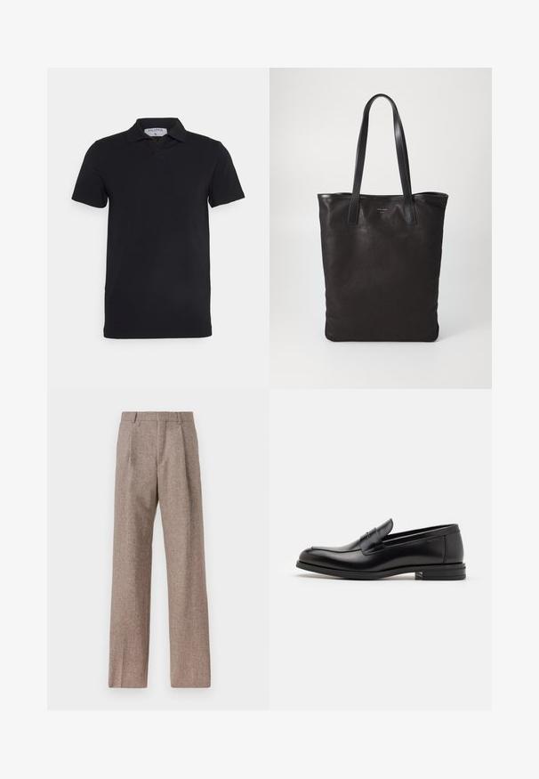 Mustal lühikeste varrukatega polo särk klassikalise kraega, valmistatud siledast kangast. Kaeluses on sildi näol brändinimi 'Filippa K'.; Prunnid, kõrge vöökohaga püksid, mis on valmistatud tekstureeritud kangast. Omavad laiu jalgu ja kahte eesmist voldikut struktuuri jaoks. Korralik viimistlus, ilma nähtava riistvarata.; Mustad mustad nahast loafers sileda tekstuuriga, ümarat ninaosa ja dekoratiivne riba vampi üle. Madal kihiline konts, minimalistlik disain.; Mustmust kott mustade nahkade käepidemetega. Lihtne disain, avar keha ja sile tekstuur. Pole nähtavaid logosid ega mustreid.