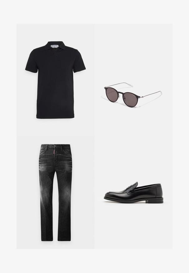 Černé polo tričko s krátkým rukávem a klasickým límcem, vyrobené z hladké látky. Na výstřihu se nachází štítek se jménem značky 'Filippa K'.; Černé džíny z denimu se rovnými nohavicemi. Obsahují vybledlé oblasti, drobné poškození, klasický pětikapsový design a zapínání na knoflík.; Černé kožené polobotky s hladkou texturou, zaoblenou špičkou a zdobným páskem přes nárt. Nízký stohovaný podpatek, minimalistický design.; Černé kulaté sluneční brýle s tmavými skly a tenkými kovovými nohami. Obsahují průhledné koncovky nožiček a stříbrné akcenty na pantu. Minimalistický design.