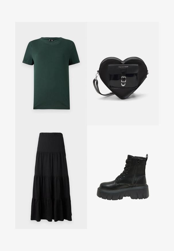 Tmavě zelené tričko s krátkým rukávem a kulatým výstřihem, vyrobené z měkké, hladké látky. Obsahuje ohrnované manžety a volný střih.; Černá maxi sukně vyrobená z měkké tkaniny, s vrstveným designem, elastickým pasem a volánkovými detaily na lemu.; Černé kožené kotníkové boty s tlustou platformou, s krajkovým zapínáním na přední straně a bočním zipem pro snadné obouvání. Texturované detaily podél podešve.; Černá taška ve tvaru srdce vyrobená z lakované kůže, s přední kapsou a uzávěrem na přezku, a s odnímatelným popruhem. Stříbrné kovové detaily.
