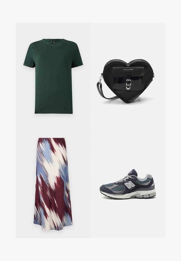 Sötétzöld, rövid ujjú póló, kerek nyakkal, puha, sima anyagból készült. Felhajtott ujjakkal és laza szabással rendelkezik.; Hosszú szoknya, amelynek átlós, batikolt mintázata bordó, kék és krém színekben készült, puha anyagból, amely áramló sziluettel és enyhe fénylő felülettel rendelkezik.; Új Balance sportcipők sötétkék hálós és velúr felsőrésszel, szürke kiegészítőkkel, fehér logóval, párnázott talppal és texturált részletekkel.; Fekete szív alakú táska lakkbőrből, elülső zsebbel, csattal záródik és levehető pánttal rendelkezik. Ezüst színű kiegészítők.