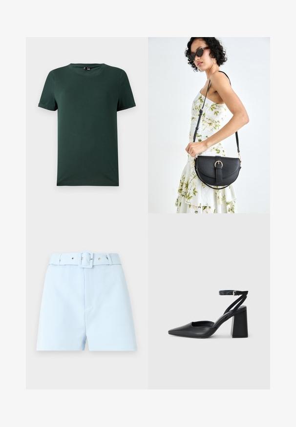 Tmavozelené tričko s krátkym rukávom a okrúhlym výstrihom, vyrobené z mäkkej, hladkej látky. Obsahuje Rolované manžety a voľný strih.; Svetlomodré šortky s opaskom v páse, s štvorcovou sponou a kovovými doplnkami. Hladká tkanina, tailored strih a skladaná predná časť.; Čierne kožené lodičky s špicatou špičkou a členkovým remienkom, s masívnym podpätkom. Hladký povrch, elegantný dizajn a minimalistická estetika.; Čierna kožená kabelka s zaobleným tvarom, odnímateľným popruhom a zlatými doplnkami. Kabelka má klopu s detailom s prackou.