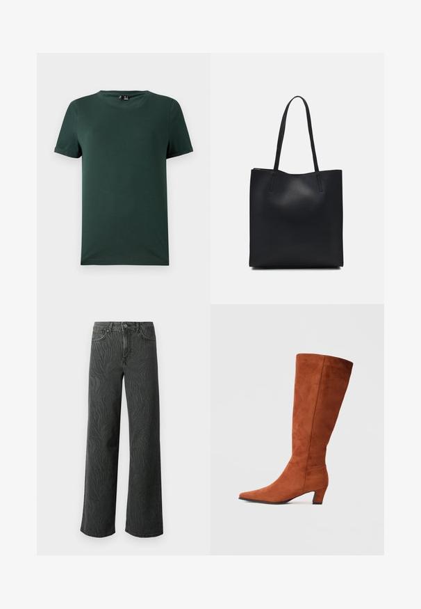 Donkergroene korte mouwen t-shirt met een ronde hals, gemaakt van een zachte, gladde stof. Beschikt over opgerolde mouwen en een ontspannen pasvorm.; Brede pijpen jeans in donkergrijs denim, met een subtiele zebra-structuur, contrasterende stiksels en een vijf-pocket ontwerp met een knoopsluiting.; Bruine suède kniehoge laars met een spitse neus en een kleine blokhak, met een zachte textuur en een minimalistisch ontwerp.; Zwarte leren handtas met een gladde textuur, rechthoekige vorm en twee lange handvaten. Geen zichtbare hardware of versieringen.