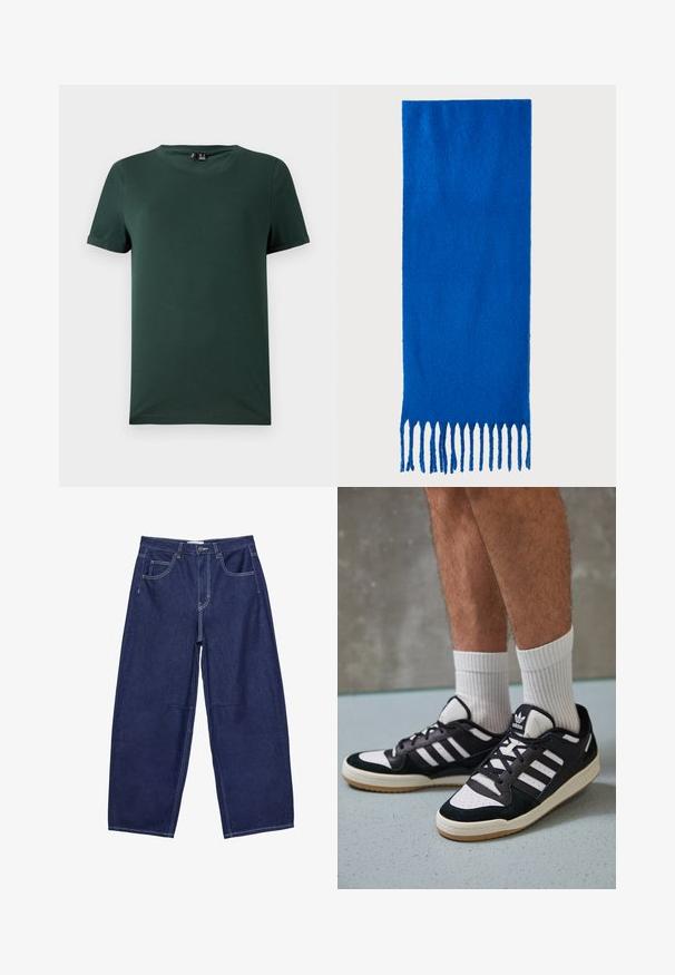 Dunkelgrünes Kurzarm-T-Shirt mit Rundhalsausschnitt, aus einem weichen, glatten Stoff gefertigt. Verfügt über umgeschlagene Ärmel und einen lässigen Schnitt.; Dunkelblaue Jeansweite Hosen mit hoher Taille, fünf Taschen und kontrastierenden weißen Nähten. Glatte Textur, klassisches Design.; Schwarz-weiße Sneaker mit einem Obermaterial aus Wildleder und Leder, ausgestattet mit drei weißen Streifen, einer perforierten Zehenpartie und einer Sohle aus Gummi.; Blauer gefranster Schal aus weichem Stoff; hat eine einfarbige Oberfläche mit strukturierter Textur und gleichmäßig geschnittenem Fransen am unteren Ende.; Schwarze Lederhandtasche mit geschwungener Form, abnehmbarem Tragegurt und goldenen Beschlägen. Die Tasche verfügt über einen Deckel mit einer Schnallen-Details.