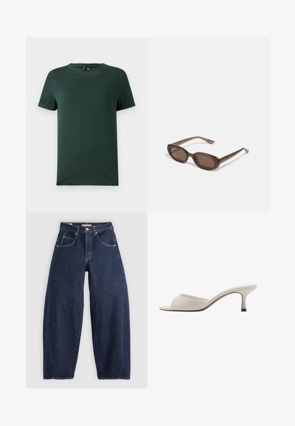 Dark green short-sleeve t-shirt with a crew neck, made from a soft, smooth fabric. Features rolled cuffs and a relaxed fit.; Dark blue denim jeans with a loose fit, light stitching, five pockets, and a button closure at the waistband.; White open-toed high-heeled mules with a smooth finish, minimalist design, and a slender heel, featuring a subtle brown accent on the sole.; Brown oval sunglasses with dark lenses. Frame has a transparent brown material and features a logo printed on the temples.; Green leather handbag with a smooth texture, curved shape, and braided handle. Features a zip closure and an adjustable strap.