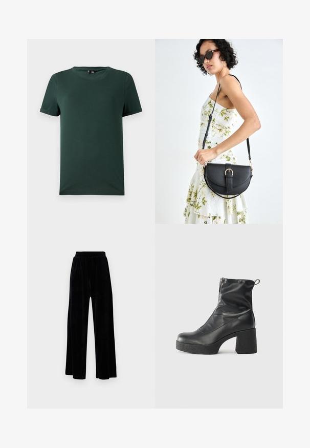 Sötétzöld, rövid ujjú póló, kerek nyakkal, puha, sima anyagból készült. Felhajtott ujjakkal és laza szabással rendelkezik.; Fekete, széles szárú nadrág puha velúrból, rugalmas derékkal és sima textúrával, látható díszítés vagy mintázat nélkül.; Fekete bokacsizmák sima bőrből, oldalsó cipzárral, vastag, texturált sarkú és lekerekített orrú dizájnnal.; Fekete bőrtáska ívelt formával, levehető pánttal és arany színű fémrészekkel. A táskán egy csattal díszített fedél található.