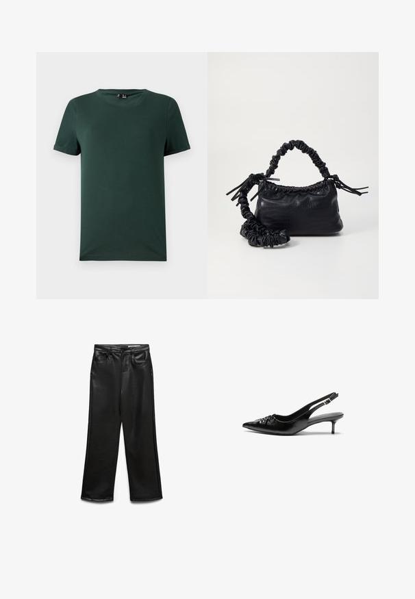 Donkergroene korte mouwen t-shirt met een ronde hals, gemaakt van een zachte, gladde stof. Beschikt over opgerolde mouwen en een ontspannen pasvorm.; Zwarte wijde broek van imitatieleer met voorzakken, riemlussen en subtiele glans. Soepele textuur en nauwsluitende pasvorm.; Zwarte leren slingback hakken met een spitse neus, kleine kittenhak en een decoratieve knoopdetail aan de voorkant. Smooth textuur overal.; Zwarte nepleer handtas met een krokodillenstructuur, opgedroogde bovenkant en een gekreukte hengsel. Het lijkt zacht en compact van ontwerp.