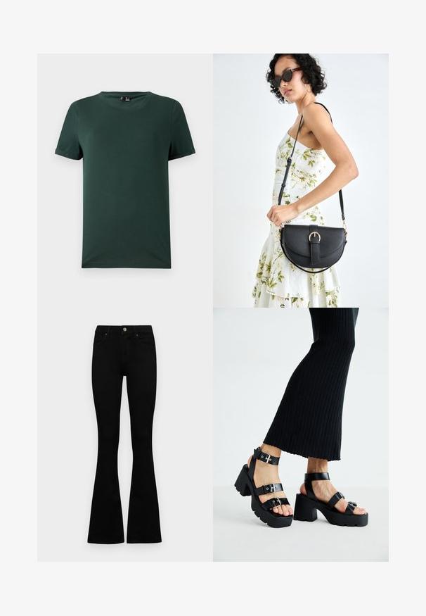 Camiseta de manga corta verde oscura con cuello redondo, hecha de un tejido suave y liso. Presenta puños enrollados y un corte relajado.; Jeans negros de cintura alta con cierre de botón y cremallera, bolsillos frontales y piernas acampanadas, dispuestos sobre un fondo blanco.; Sandalias de plataforma negras con suelas gruesas y dentadas, y múltiples correas, que presentan hebillas de metal y una textura similar al cuero suave.; Bolso de piel negra con forma curva, correa desmontable y herrajes dorados. El bolso cuenta con una solapa con un detalle de hebilla.