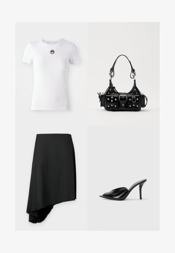 Balta īsās piedurknes T-kreklā, kas izgatavots no kokvilnas, ar apļa melnu izšuvumu logotipu centrā uz krūtīm un ribotu apkakli.; Melnas svītrains svārku ar asimetrisku apakšmalu, kurai ir neapstrādātas malas. Izgatavoti no viegla auduma ar gludu tekstūru.; Melnas ādas augstpapēžu mūlas ar atvērtu purngalu, vērptu dizainu, gludu tekstūru un šauru stilletu papēdi.; Melnas ādas rokturmais ar izliekumu, ar sudraba iedurtiem, sprādzi un divām sānu kabatām. Regulējams siksniņas garums dažādām nēsāšanas iespējām.