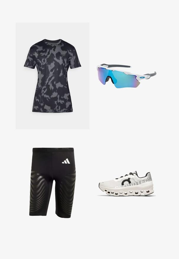 Siva kamuflaža majica kratkih rukava izrađena od glačane, lagane tkanine; posjeduje okrugli izrez i suptilno brendiranje sprijeda.; Crne atletske kratke hlače s rastezljivim krojem, s sjajnim valovitim uzorkom sa strane i bijelim logotipom na pojasu.; Bijele trkačke tenisice s mrežastim gornjim dijelom, crnim detaljima, amortizirajućom potplatom s heksagonalnim izrezima i oznakom "CLOUDTEC".; Naočale za sunce s bijelim okvirom, sivo-zlatnim detaljima i plavim zrcalnim lećama. Sportski dizajn, oblik koji se prilagođava obliku lica i podesive nosne jastučiće.