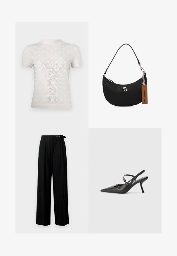 Light beige short-sleeve t-shirt featuring a geometric pattern with cut-out details, smooth texture, and a crew neckline.; Black wide-leg trousers with a high waist, pleats at the front, and a belt featuring a buckle. Made from smooth, lightweight fabric.; Black leather slingback heels with a pointed toe, slender heel, and decorative buckle detail on the vamp. Smooth texture and sleek design.; Black leather handbag with a pebbled texture, curved shape, top zipper closure, silver hardware, and a brown tag. Features logo accent.