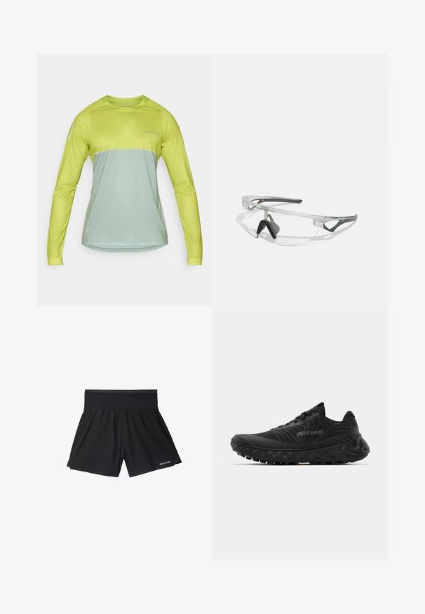 Pikema varrukaga performantsisärk erksas laimirohelises ja vaigistes mündirohelistes toonides, ümarate kraega ning kerge ja hingava materjaliga.; Mustad mustandid spordilühikesed püksid laia elastse vöökohtaga, millel on lõdva istuvuse ja diskreetne bränding alumises vasakus servas. Sile tekstuur.; Mustad mustreeritud pehmendusega mustad spordijalatsid, tugevdatud kand, kõver tallakujundus ja agressiivne talla muster haakumise tagamiseks. Silmatorkav laineline disain detail.; Selged ohutusprillid kerge, läbipaistva raami ja hallide aktsentidega. Omab ümbritsevat disaini ja reguleeritavat ninatükki.